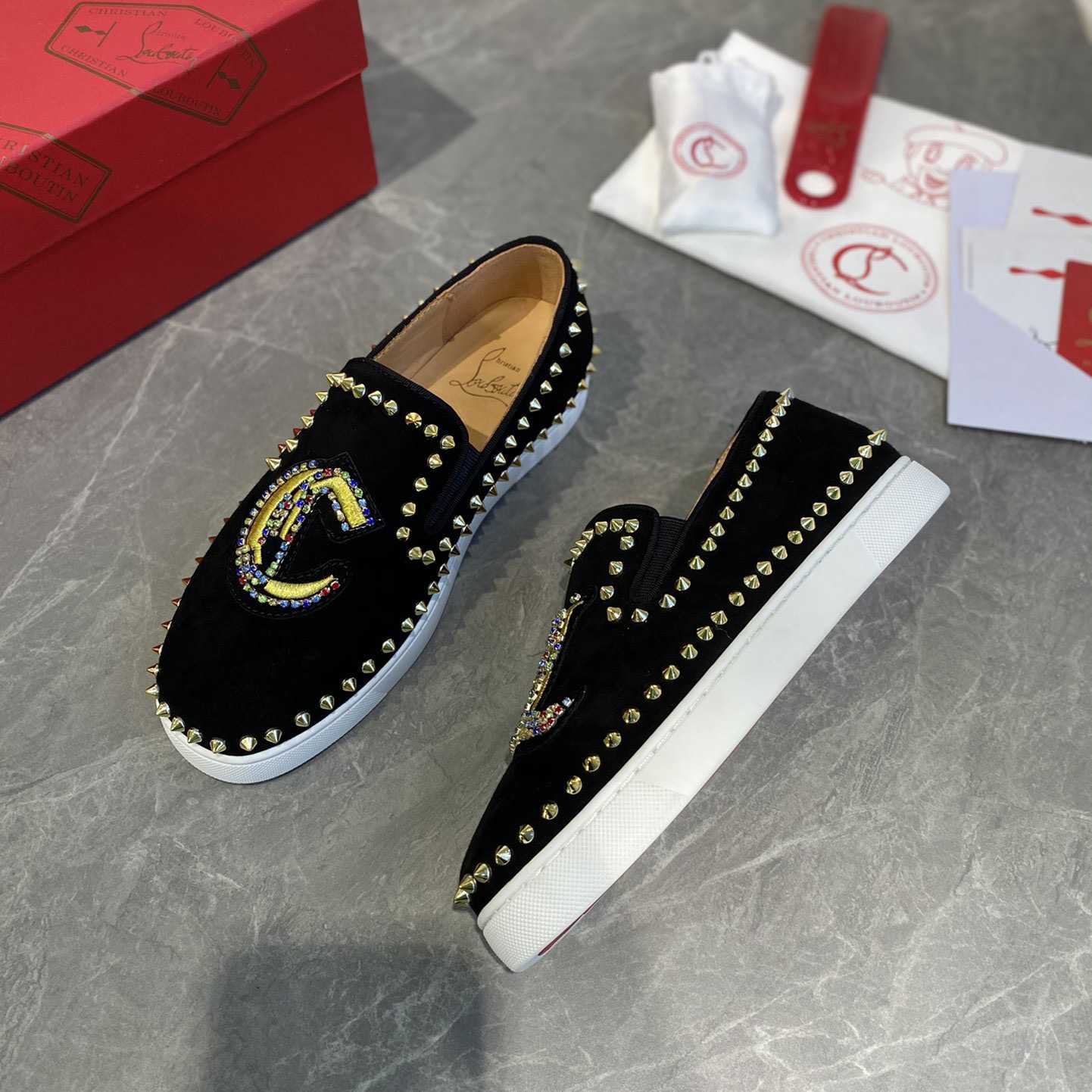 Christian Louboutin Studded Suede Spike Slip-On Sneakers - DesignerGu