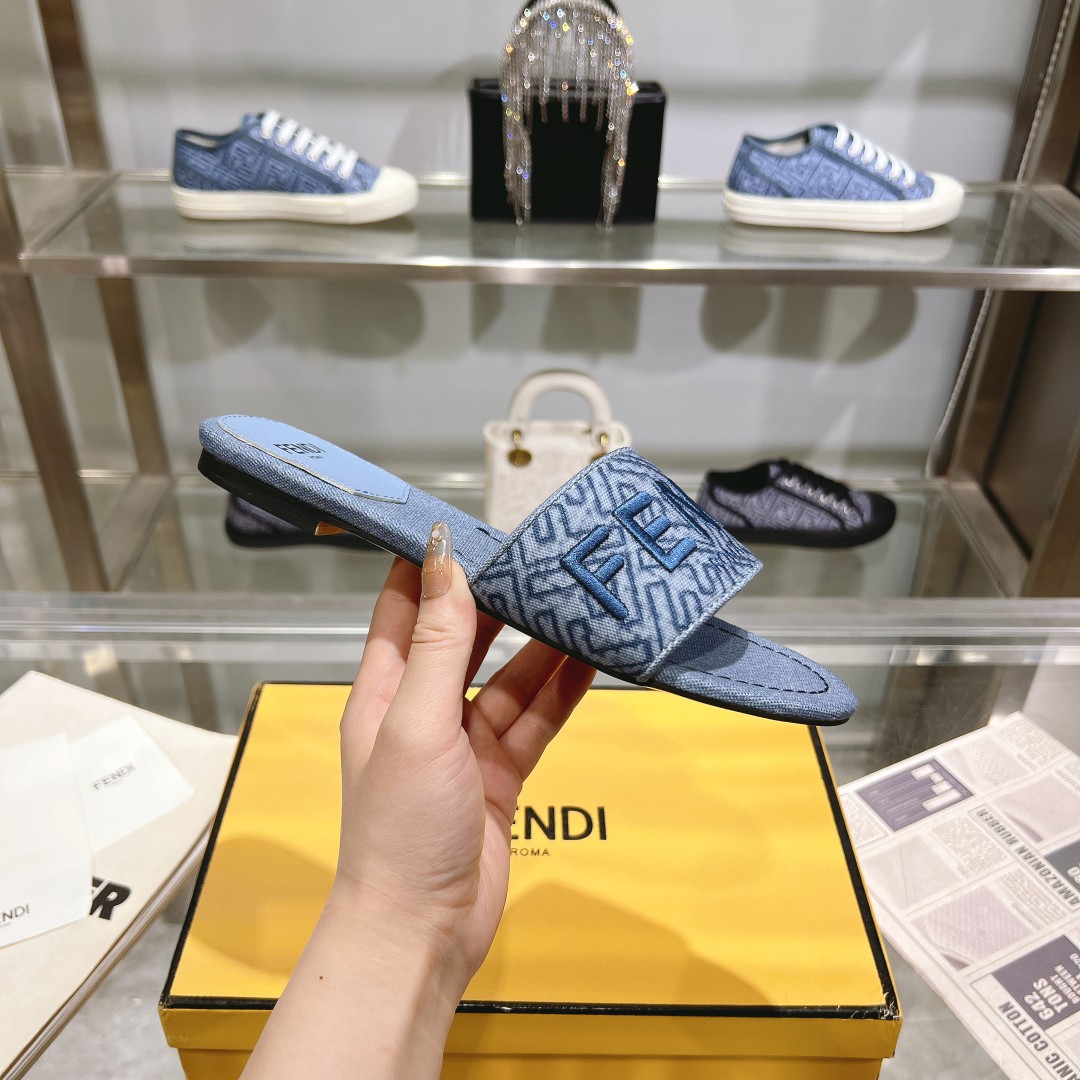 Fendi Signature Blue Denim Slides - DesignerGu