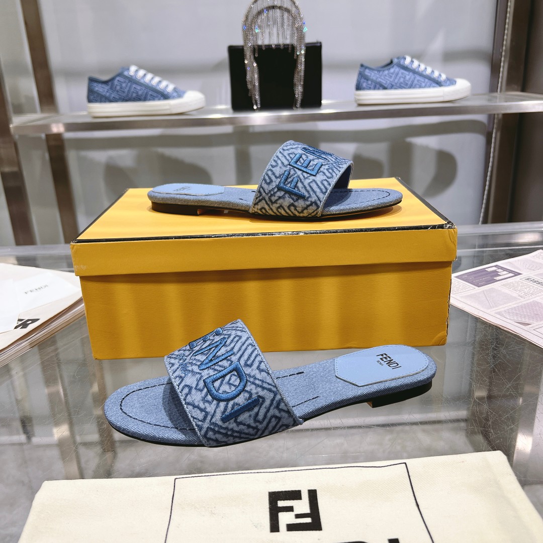 Fendi Signature Blue Denim Slides - DesignerGu