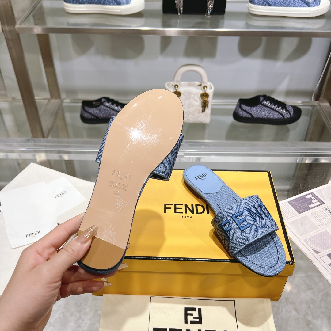 Fendi Signature Blue Denim Slides - DesignerGu