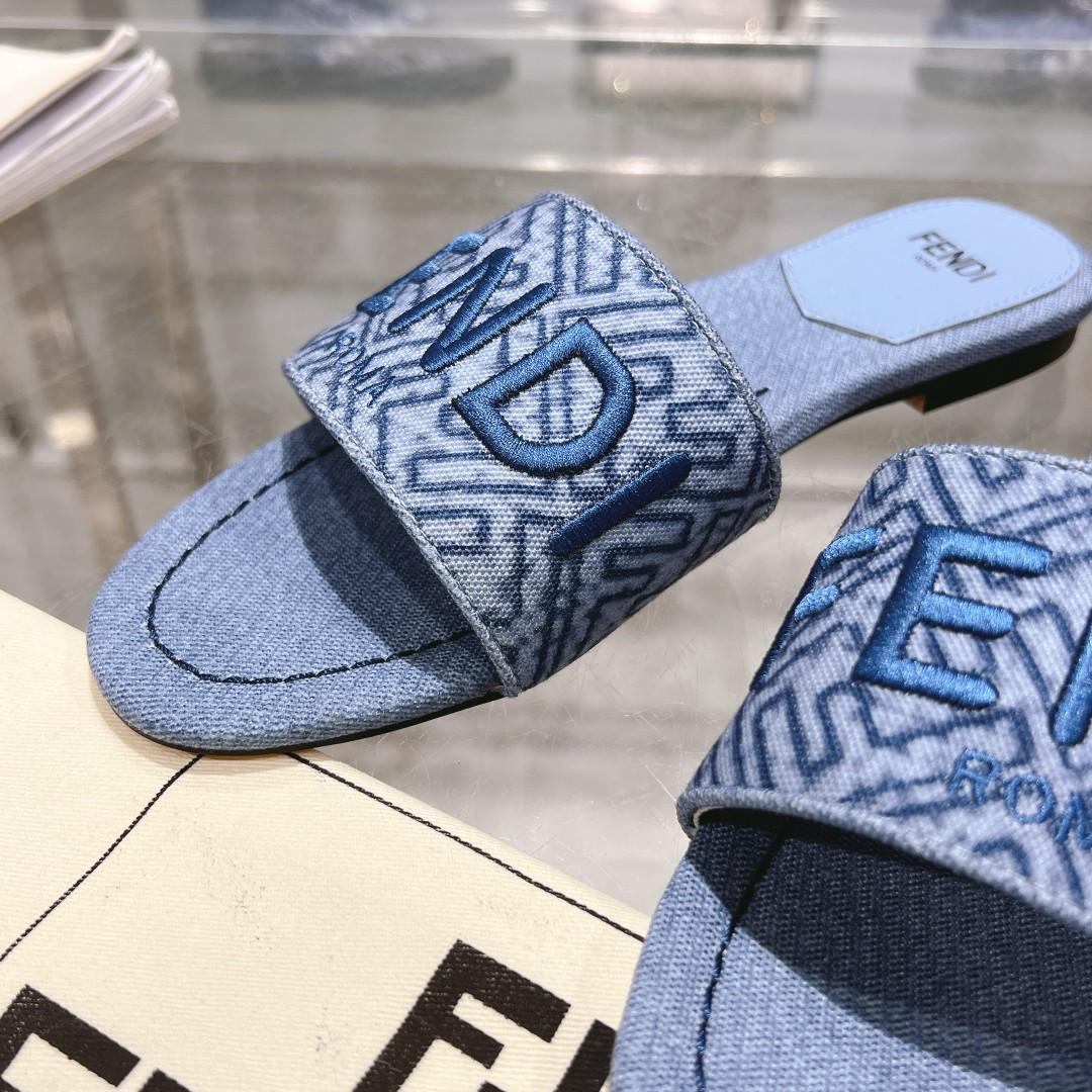 Fendi Signature Blue Denim Slides - DesignerGu