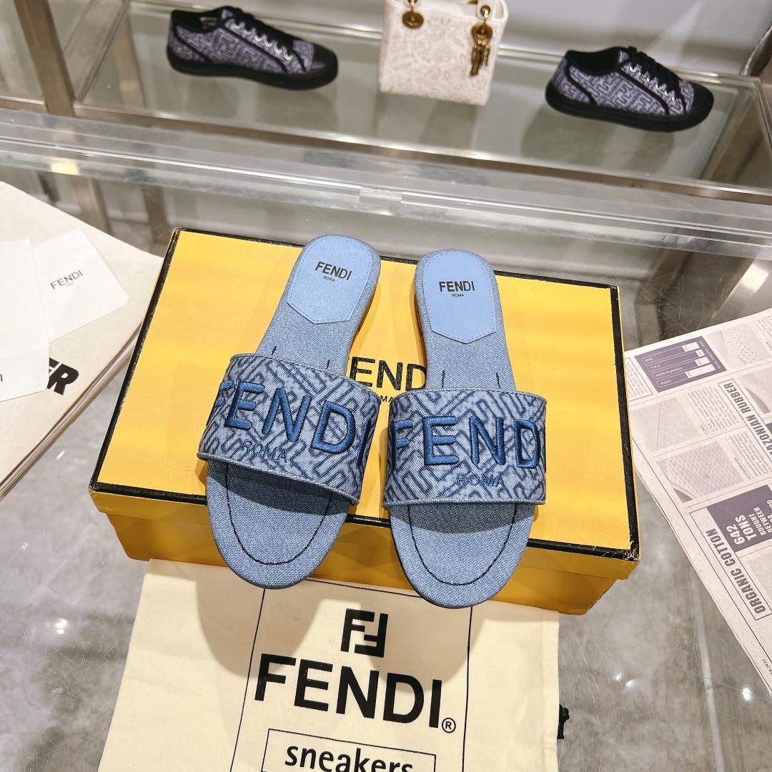 Fendi Signature Blue Denim Slides - DesignerGu