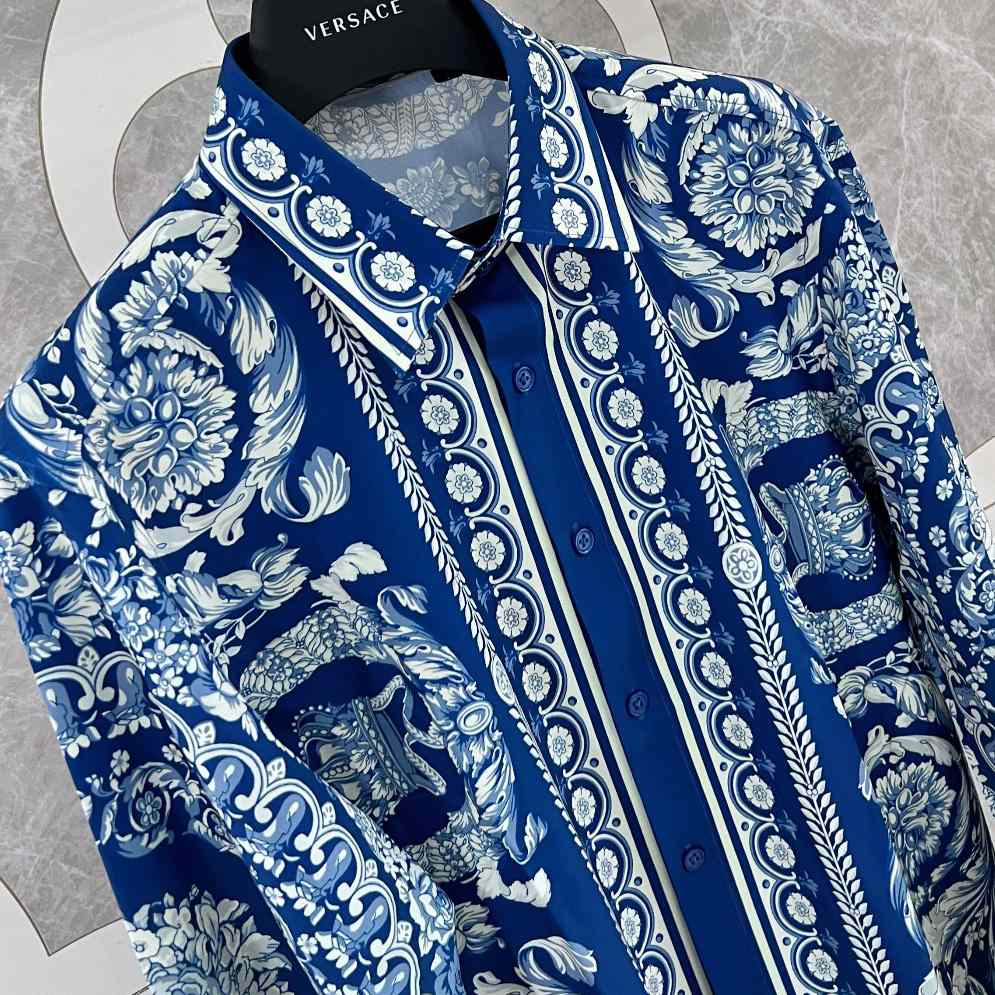 Versace Blue Baroque Silk Shirt - DesignerGu