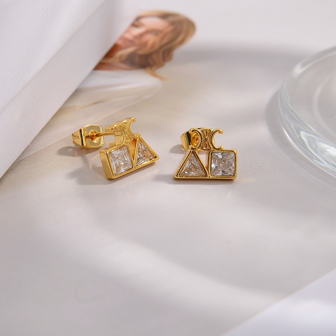 Celine Geometric Earrings In Brass With Gold Finish And Strass - DesignerGu