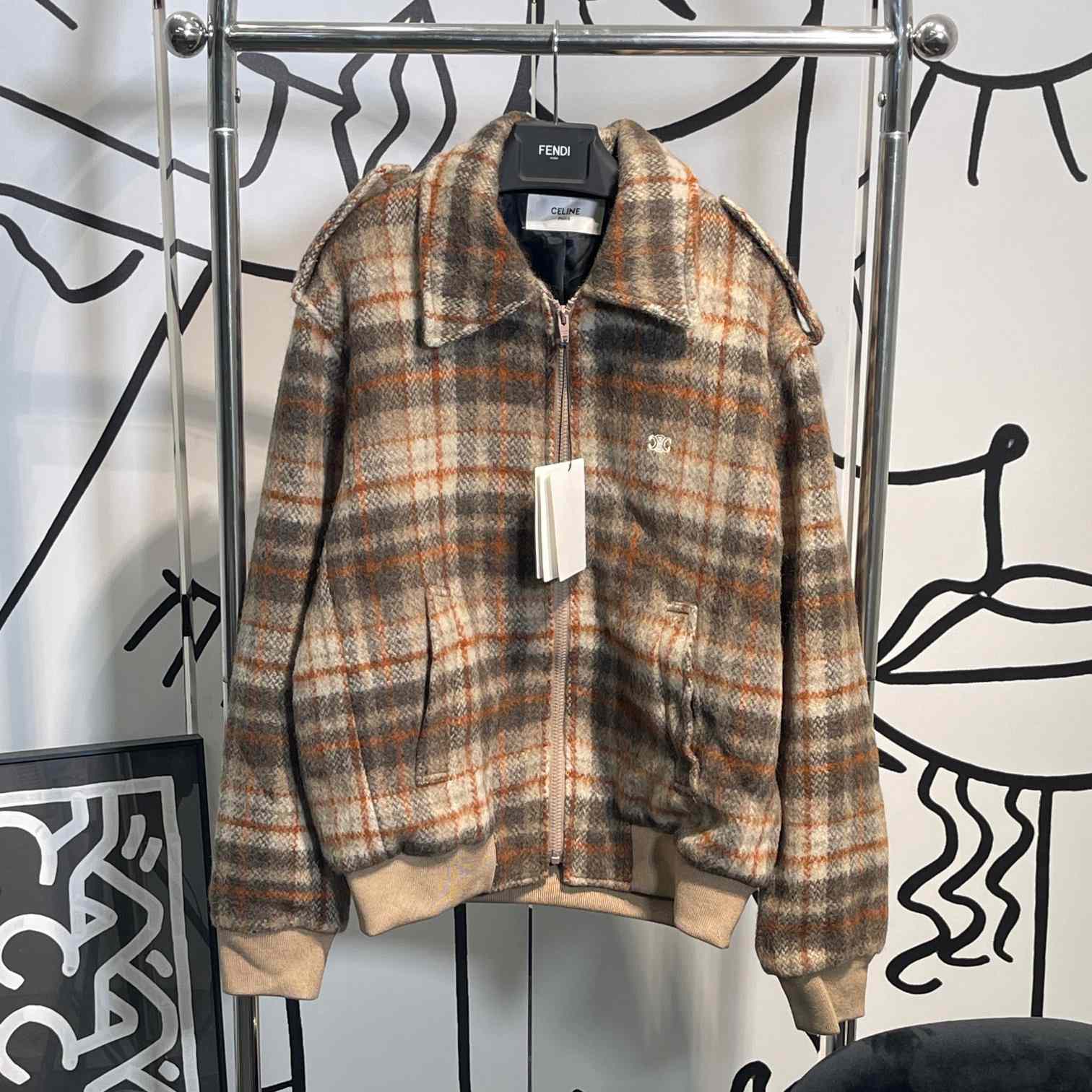 Celine Loose Teddy Jacket In Brushed Checked Tweed - DesignerGu