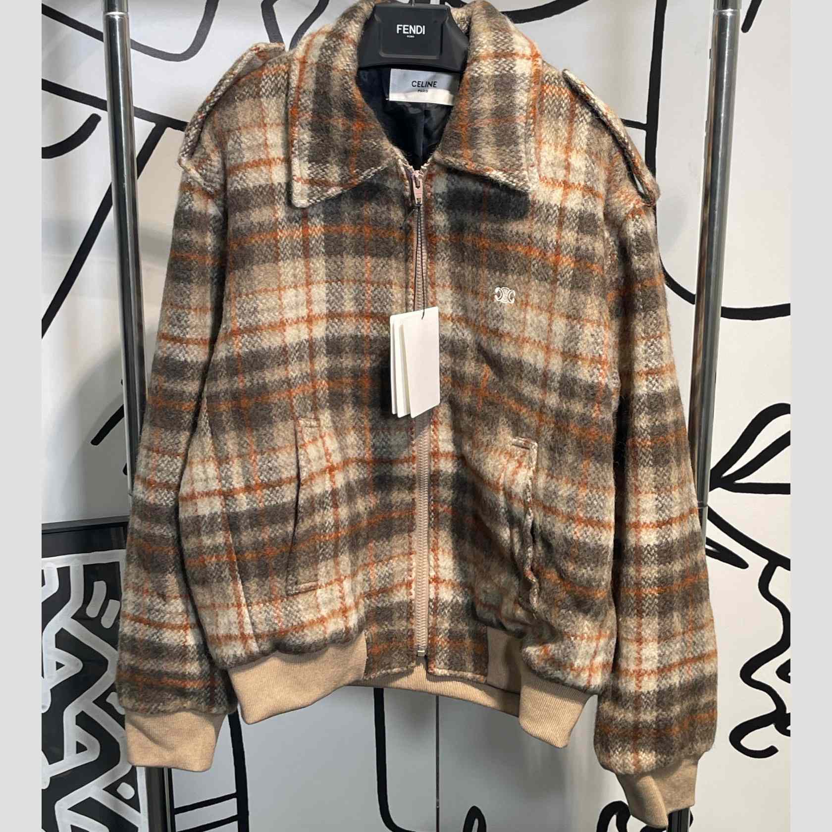 Celine Loose Teddy Jacket In Brushed Checked Tweed - DesignerGu