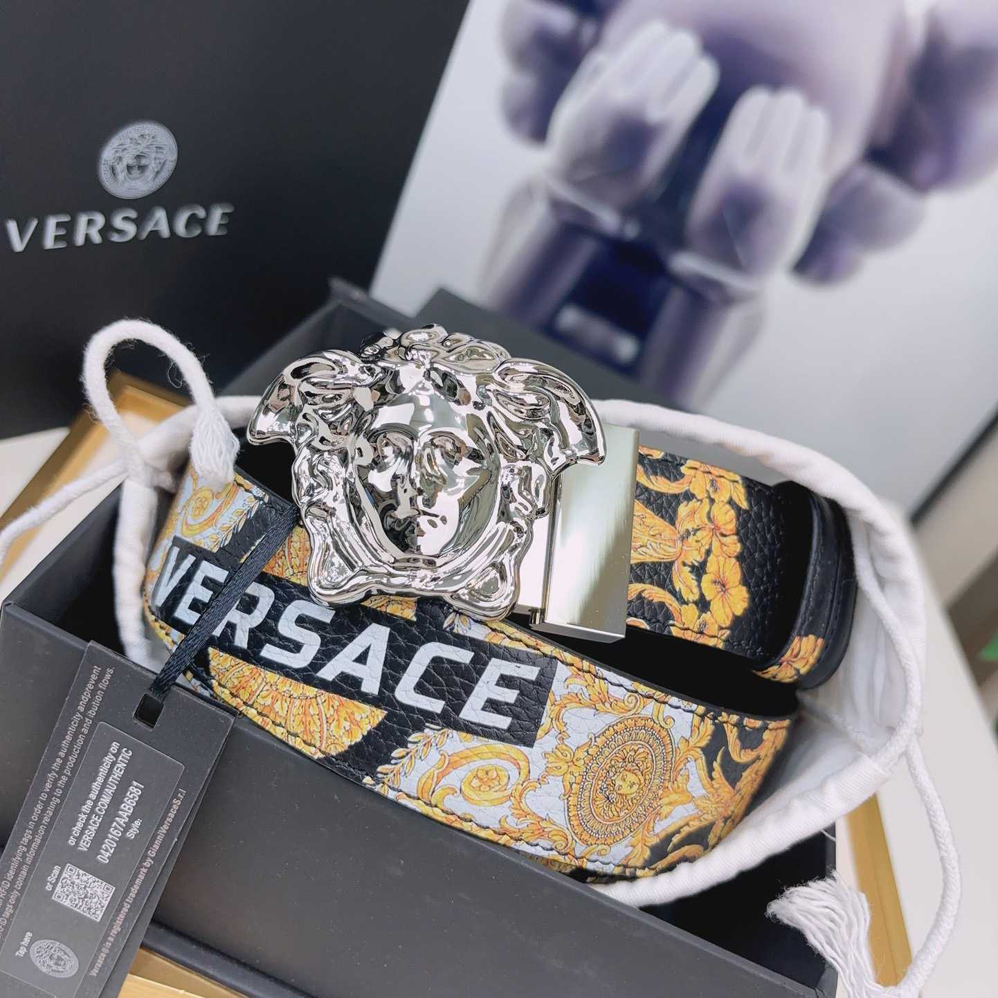 Versace La Medusa Logo-buckle Barocco-print Belt   40mm - DesignerGu