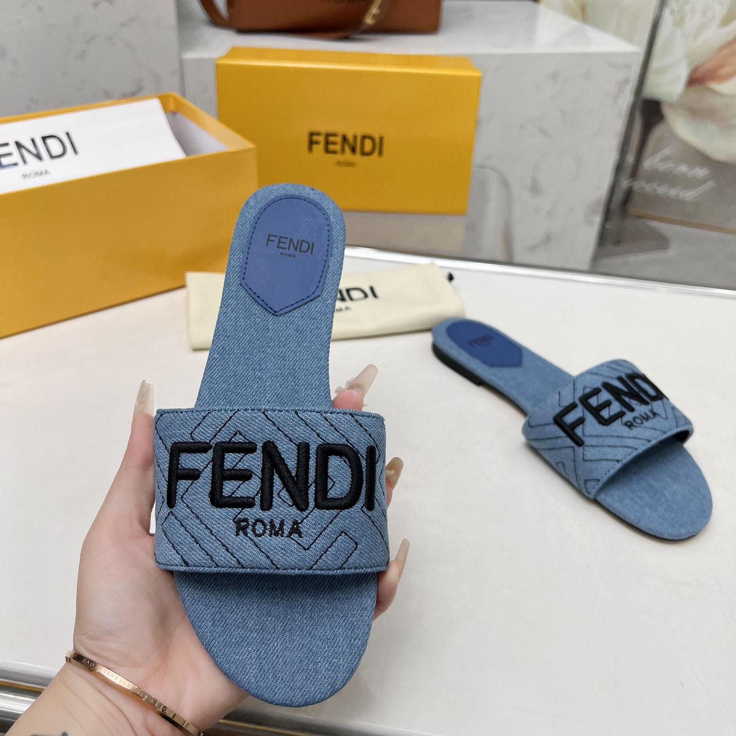 Fendi Signature Blue Denim Slides - DesignerGu