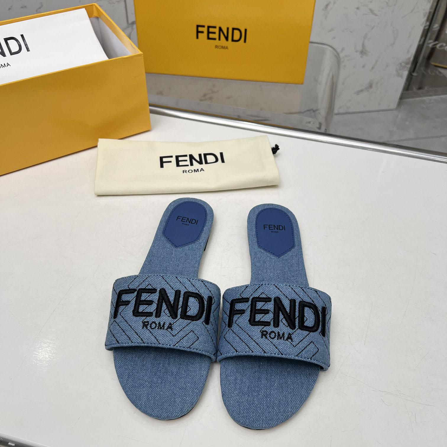 Fendi Signature Blue Denim Slides - DesignerGu