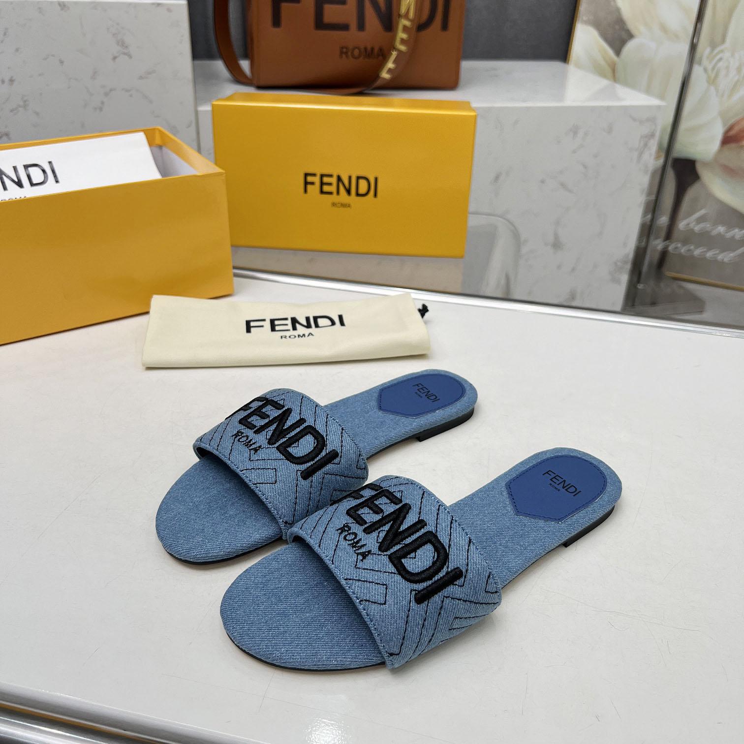 Fendi Signature Blue Denim Slides - DesignerGu