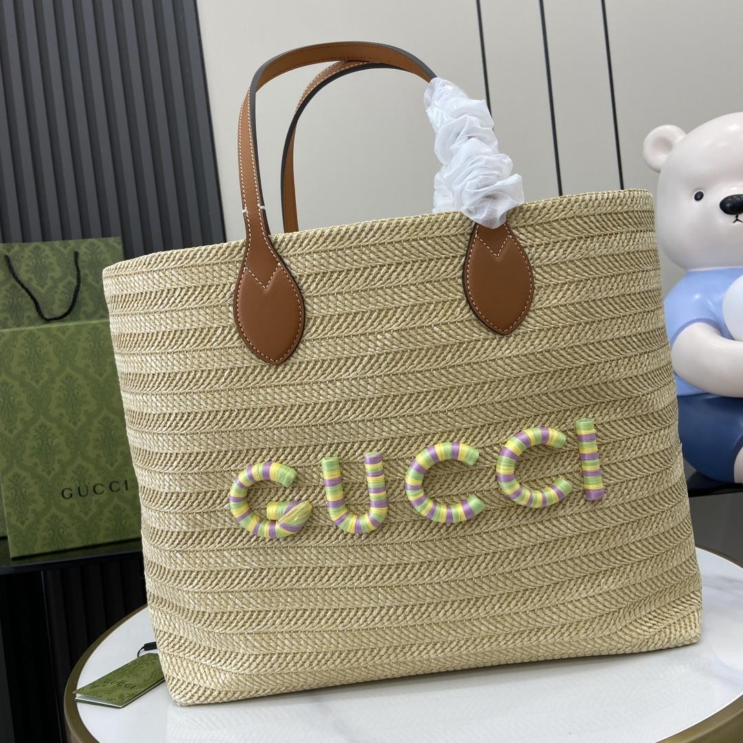 Gucci Medium Straw-effect Tote - DesignerGu