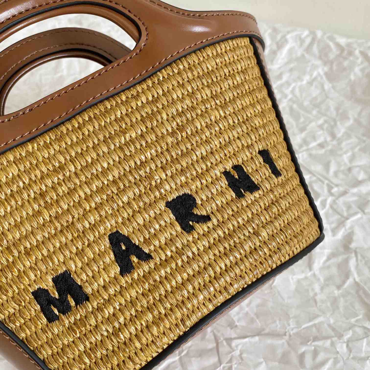 Marni Tropicalia Micro Bag In Brown Leather And Raffia-effect Fabric - DesignerGu