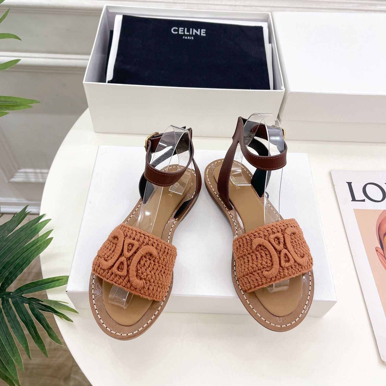 Celine Lympia Sandal In Triomphe Maccrame Cotton & Calfskin - DesignerGu