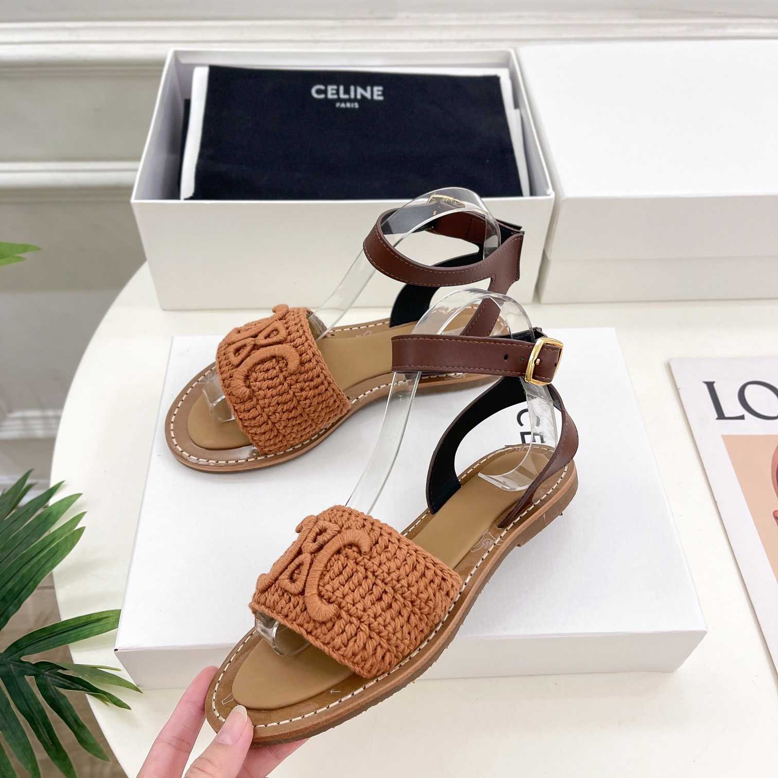 Celine Lympia Sandal In Triomphe Maccrame Cotton & Calfskin - DesignerGu