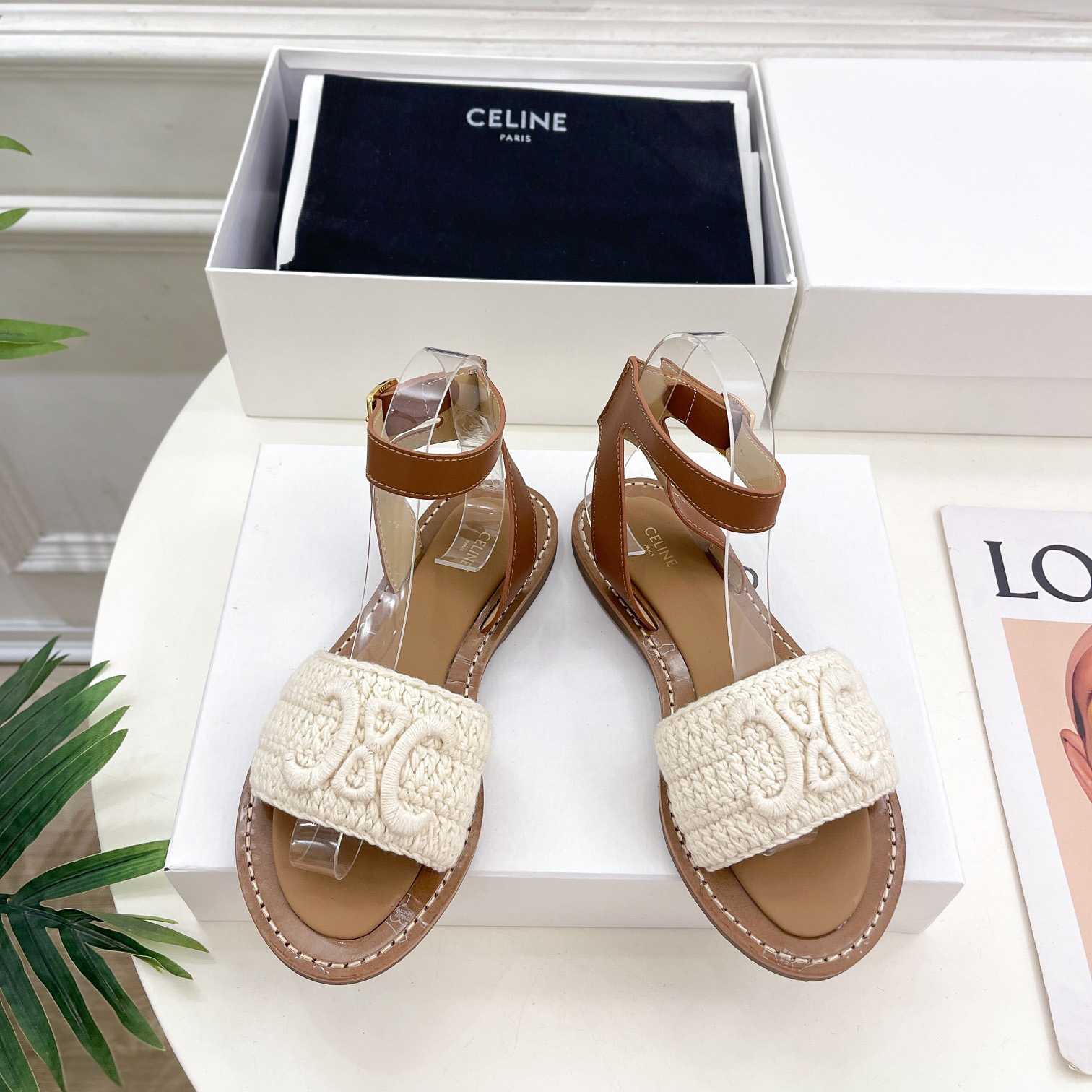 Celine Lympia Sandal In Triomphe Maccrame Cotton & Calfskin - DesignerGu