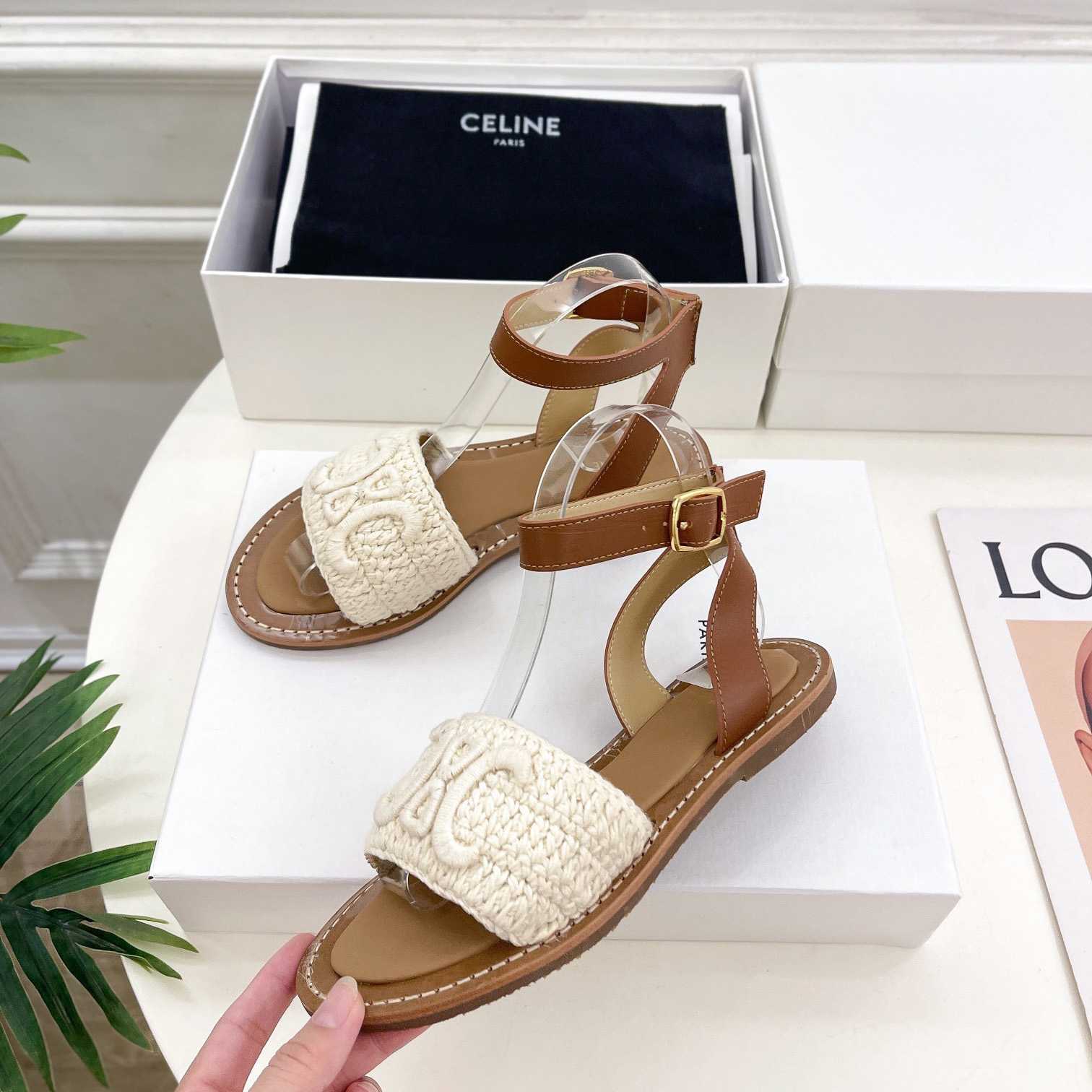 Celine Lympia Sandal In Triomphe Maccrame Cotton & Calfskin - DesignerGu