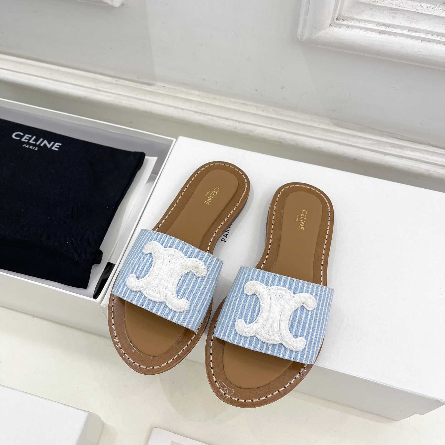 Celine Lympia Mule In Oshkosh Canvas Off White / Navy - DesignerGu