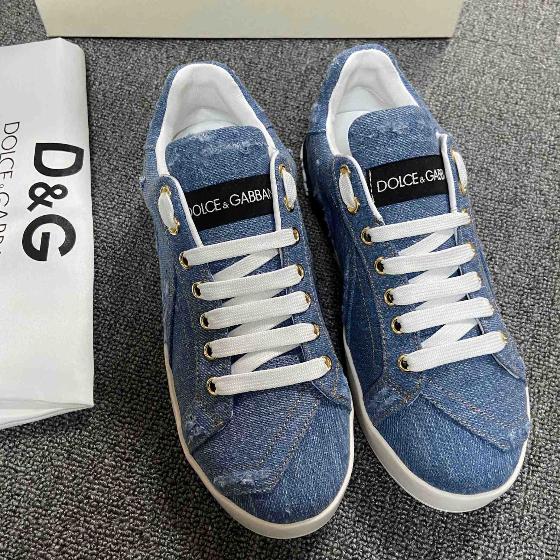 Dolce & Gabbana Portofino Denim Patchwork Trainers In Blue - DesignerGu