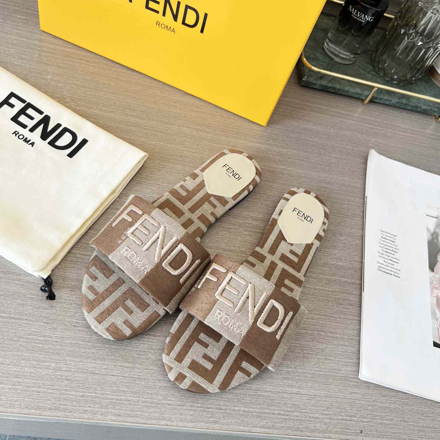 Fendi Signature Beige Fabric Slides - DesignerGu