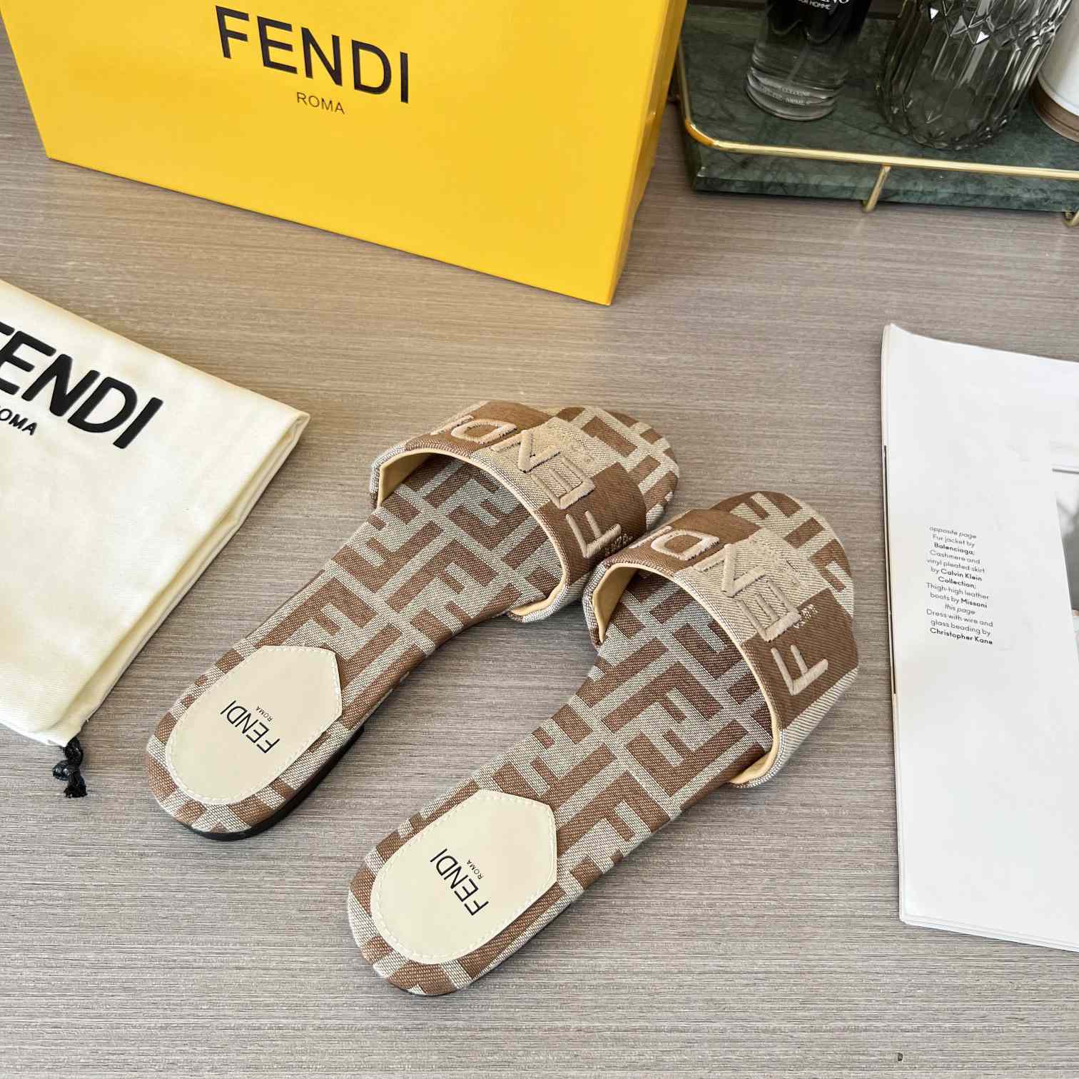 Fendi Signature Beige Fabric Slides - DesignerGu