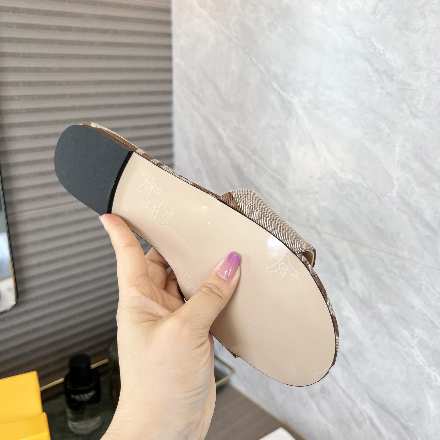 Fendi Signature Beige Fabric Slides - DesignerGu