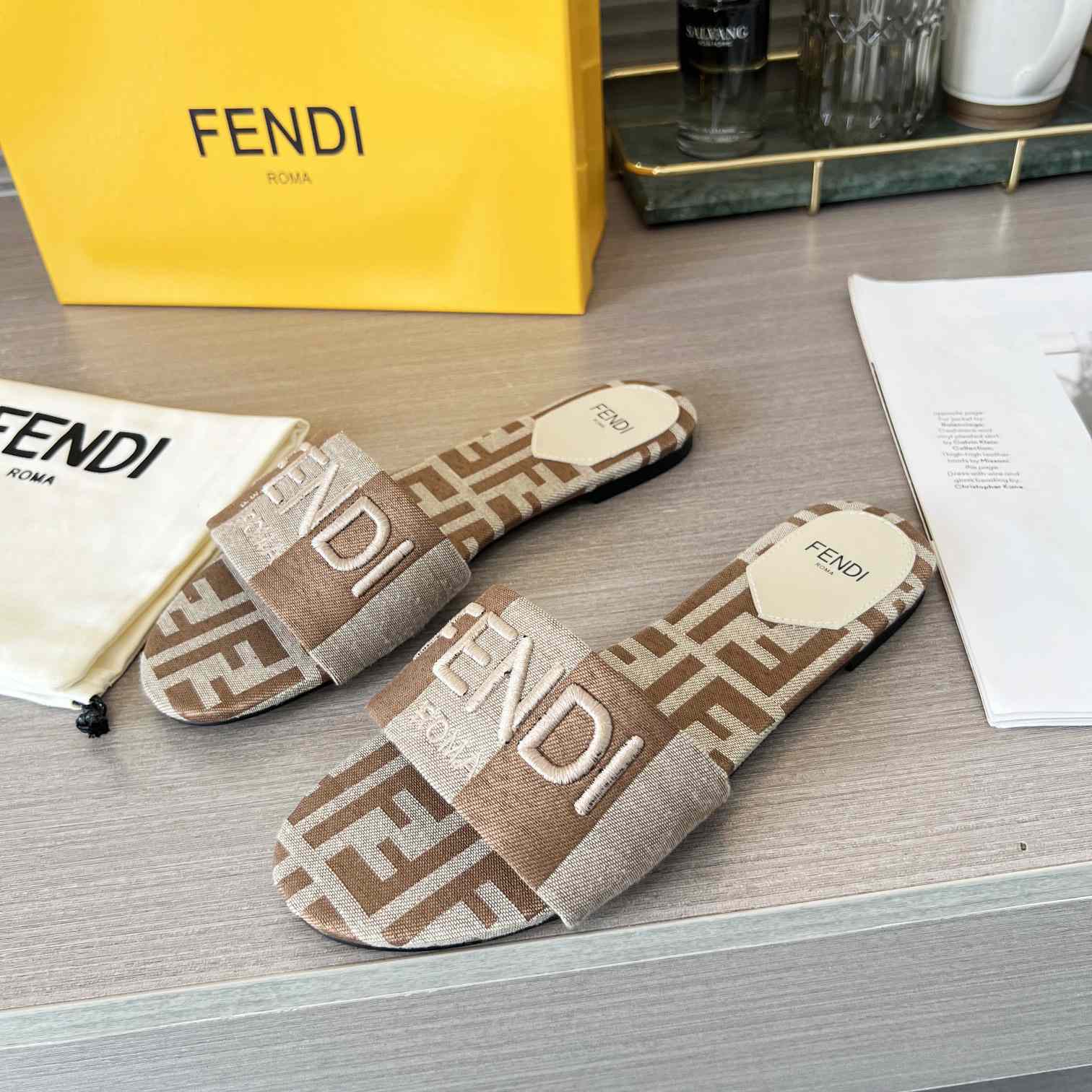 Fendi Signature Beige Fabric Slides - DesignerGu