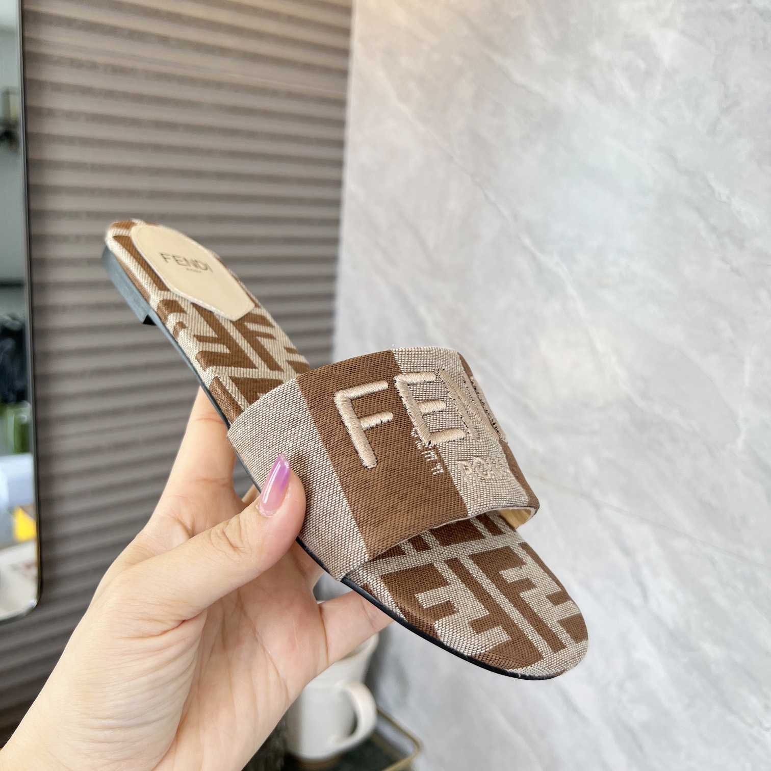 Fendi Signature Beige Fabric Slides - DesignerGu