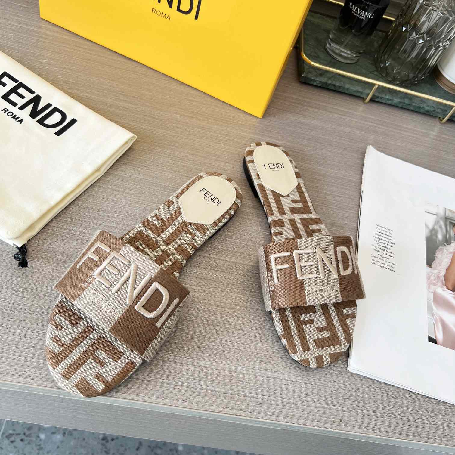 Fendi Signature Beige Fabric Slides - DesignerGu