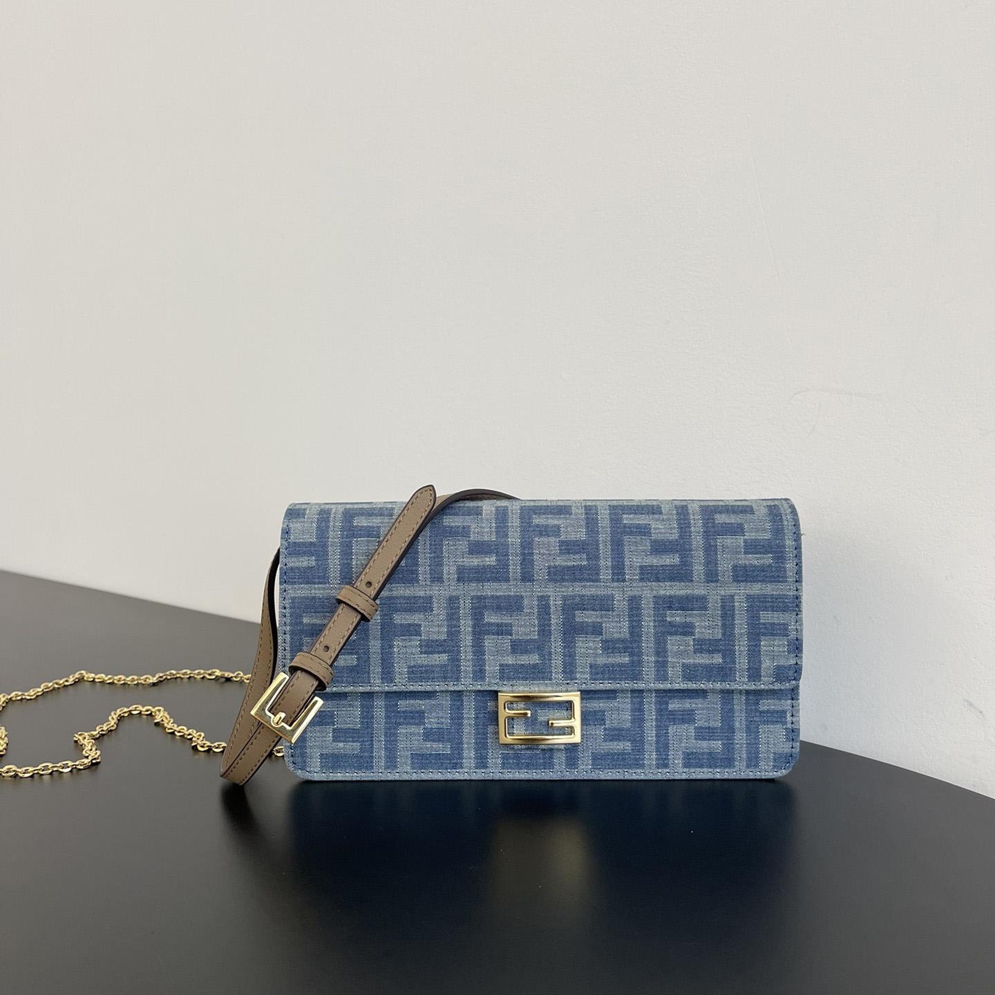 Fendi Wallet On Chain Baguette Light Blue FF Denim Fabric Wallet - DesignerGu