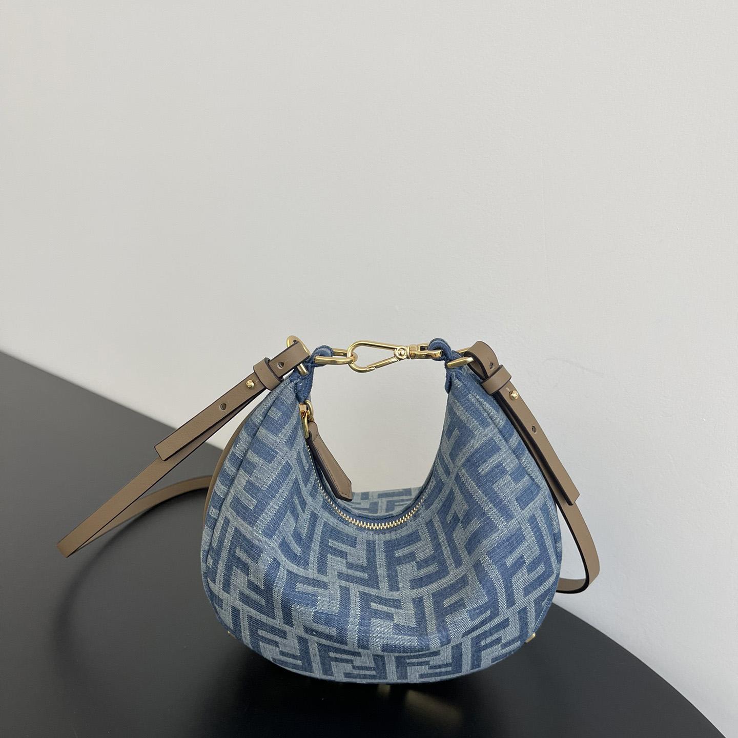 Fendi Women's Blue Graphy Mini Ff Denim & Leather Hobo Bag  - DesignerGu