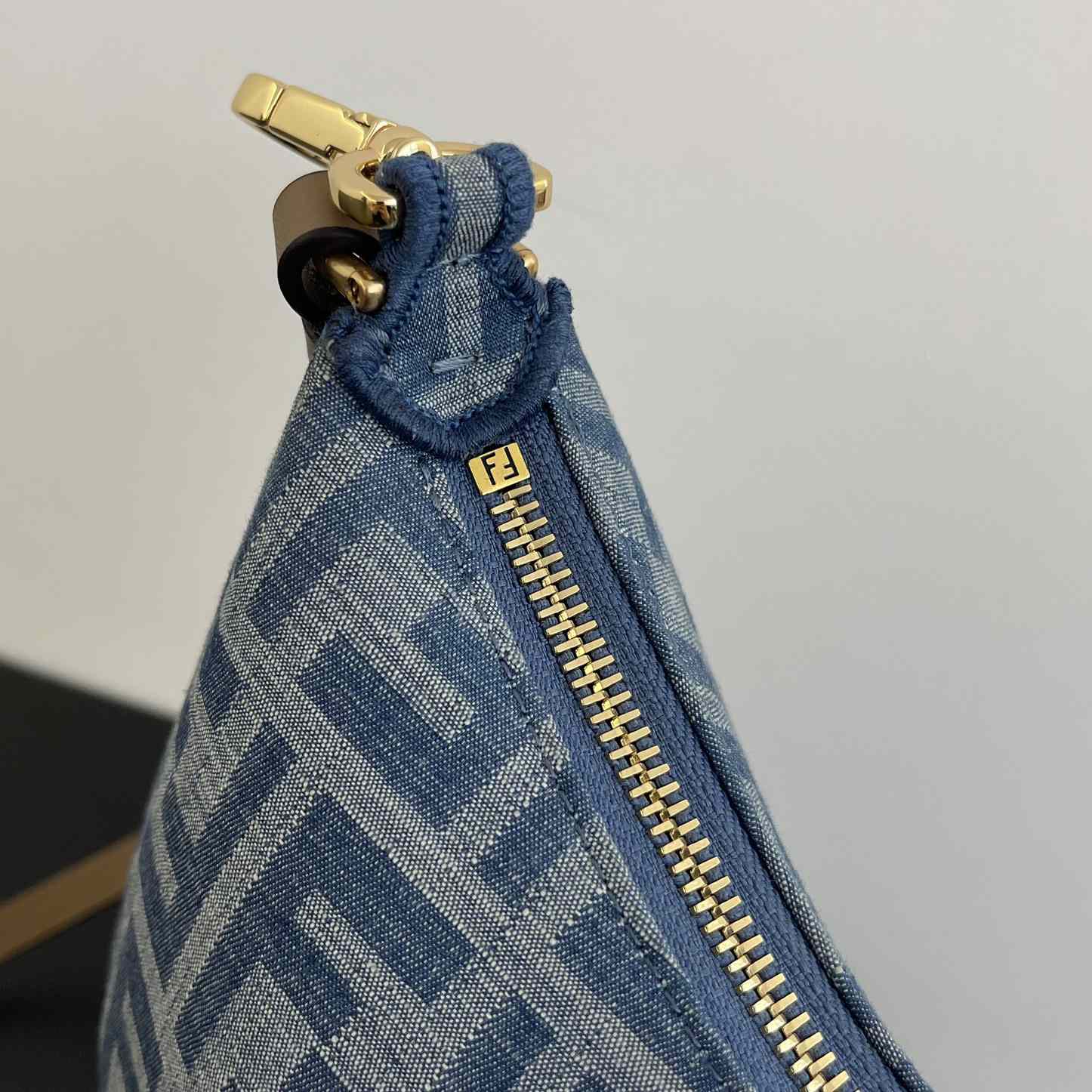 Fendi Women's Blue Graphy Mini Ff Denim & Leather Hobo Bag  - DesignerGu