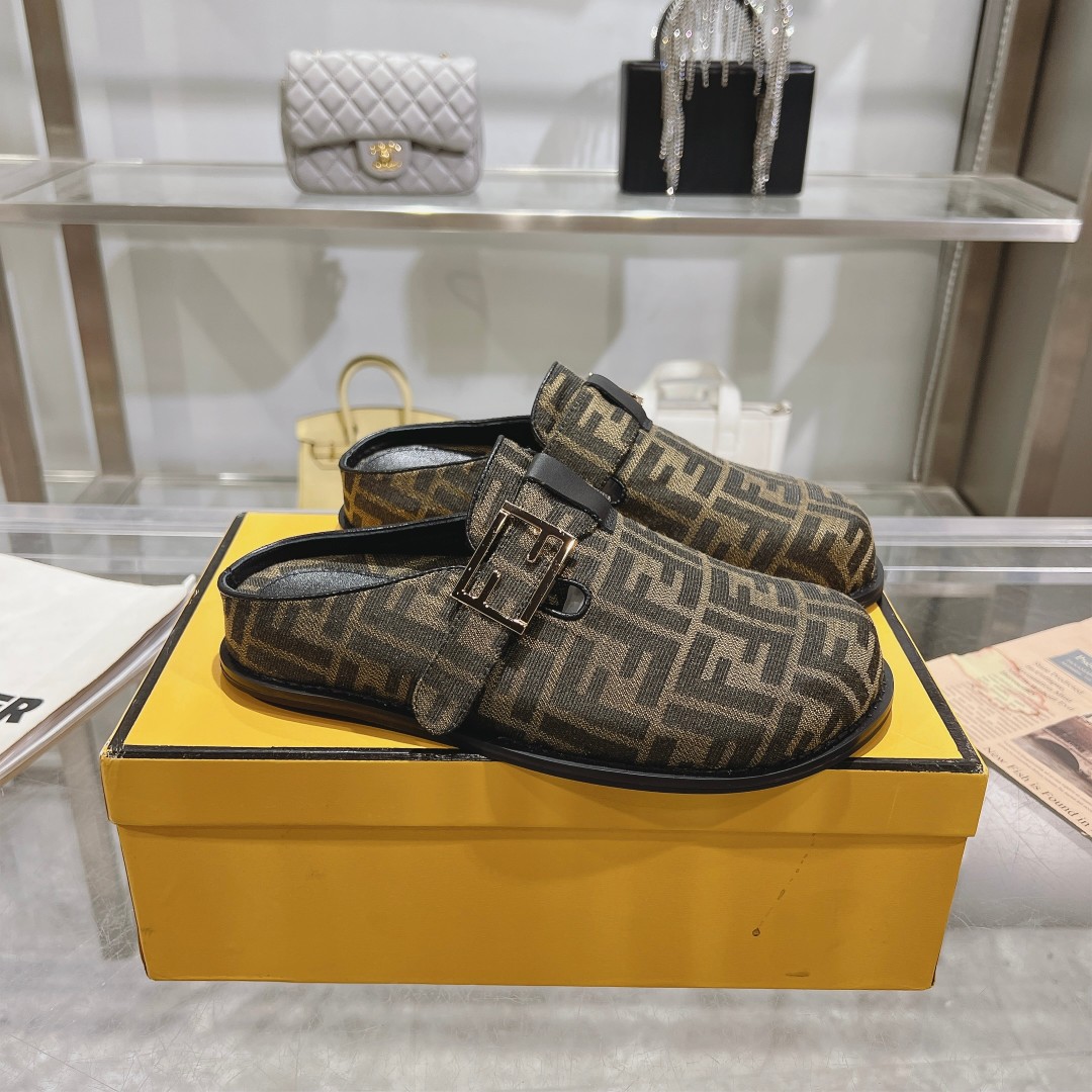 Fendi Feel Brown Fabric Sabots - DesignerGu