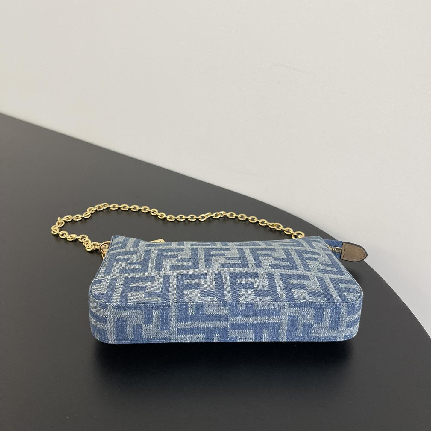 Fendi Baguette Pouch Light Blue FF Denim Fabric Pouch With Chain - DesignerGu