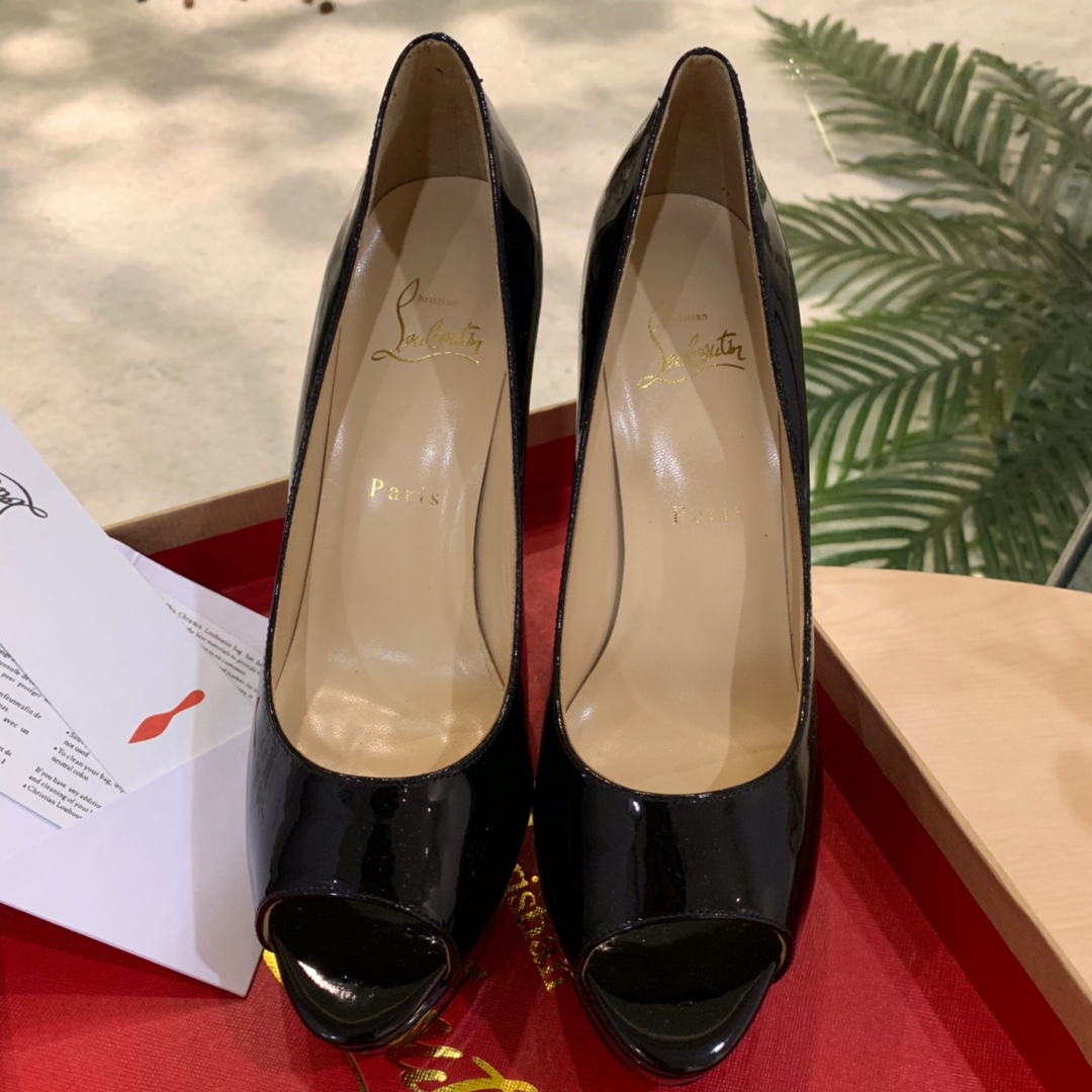 Christian Louboutin Black Patent Leather Peep Toe Stiletto Heels   8.5cm - DesignerGu