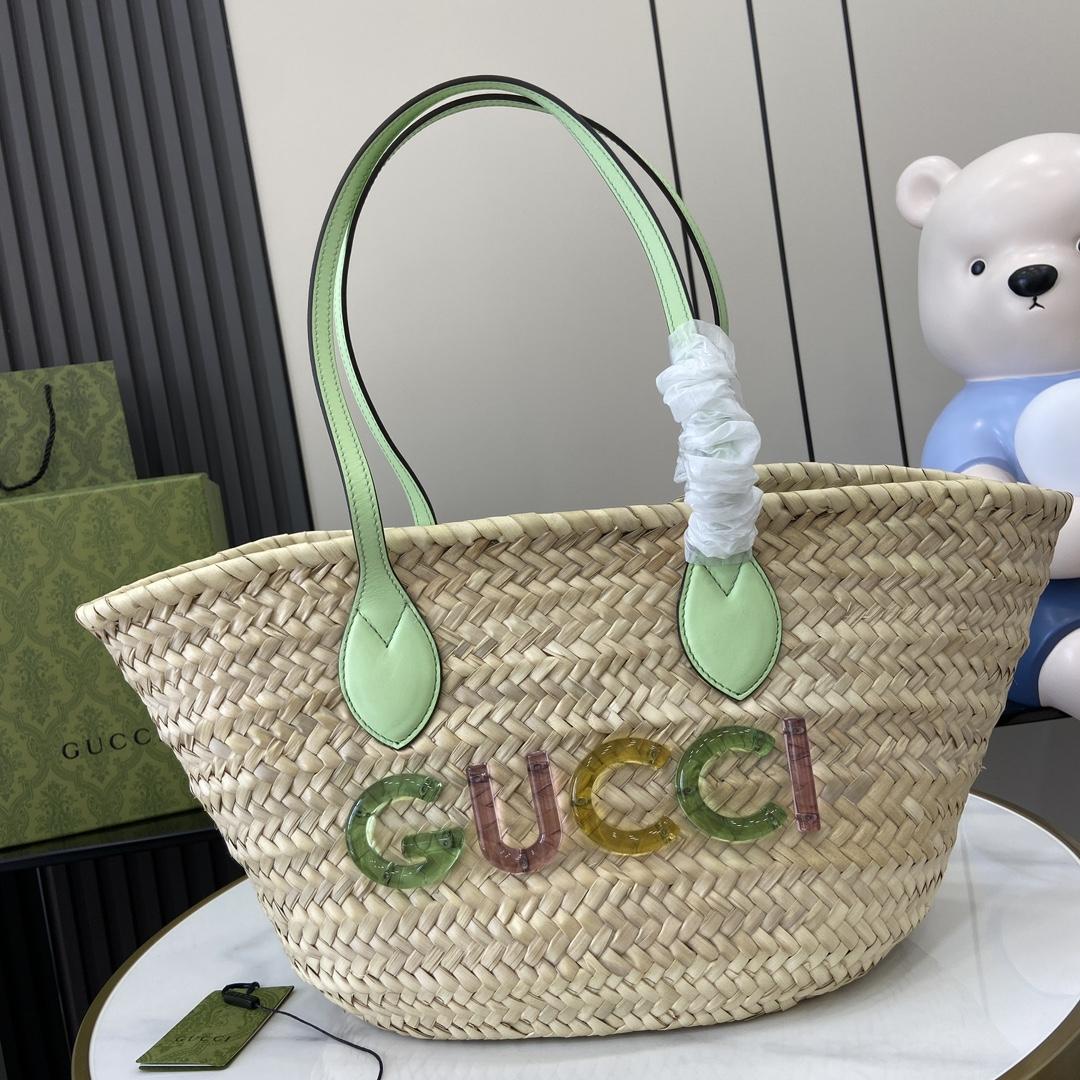 Gucci Small Straw Tote With Gucci Logo - DesignerGu