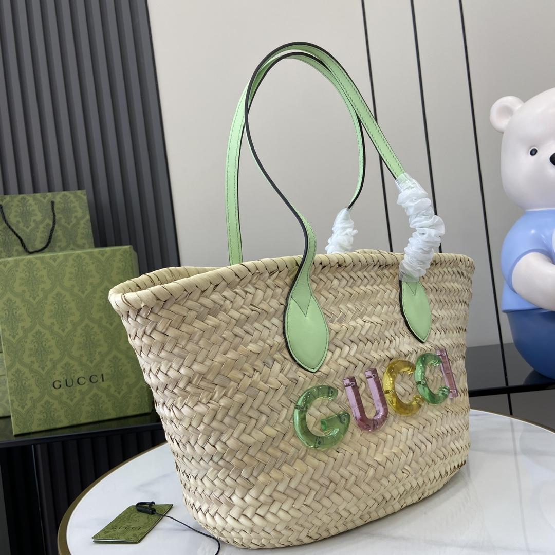 Gucci Small Straw Tote With Gucci Logo - DesignerGu