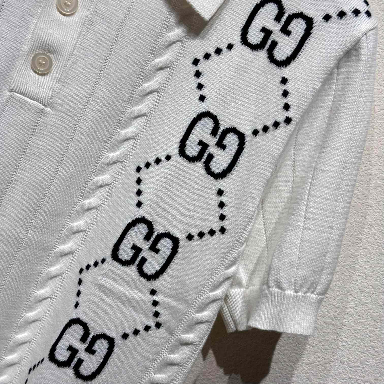 Gucci Cotton Knit Polo Top With GG Intarsia - DesignerGu