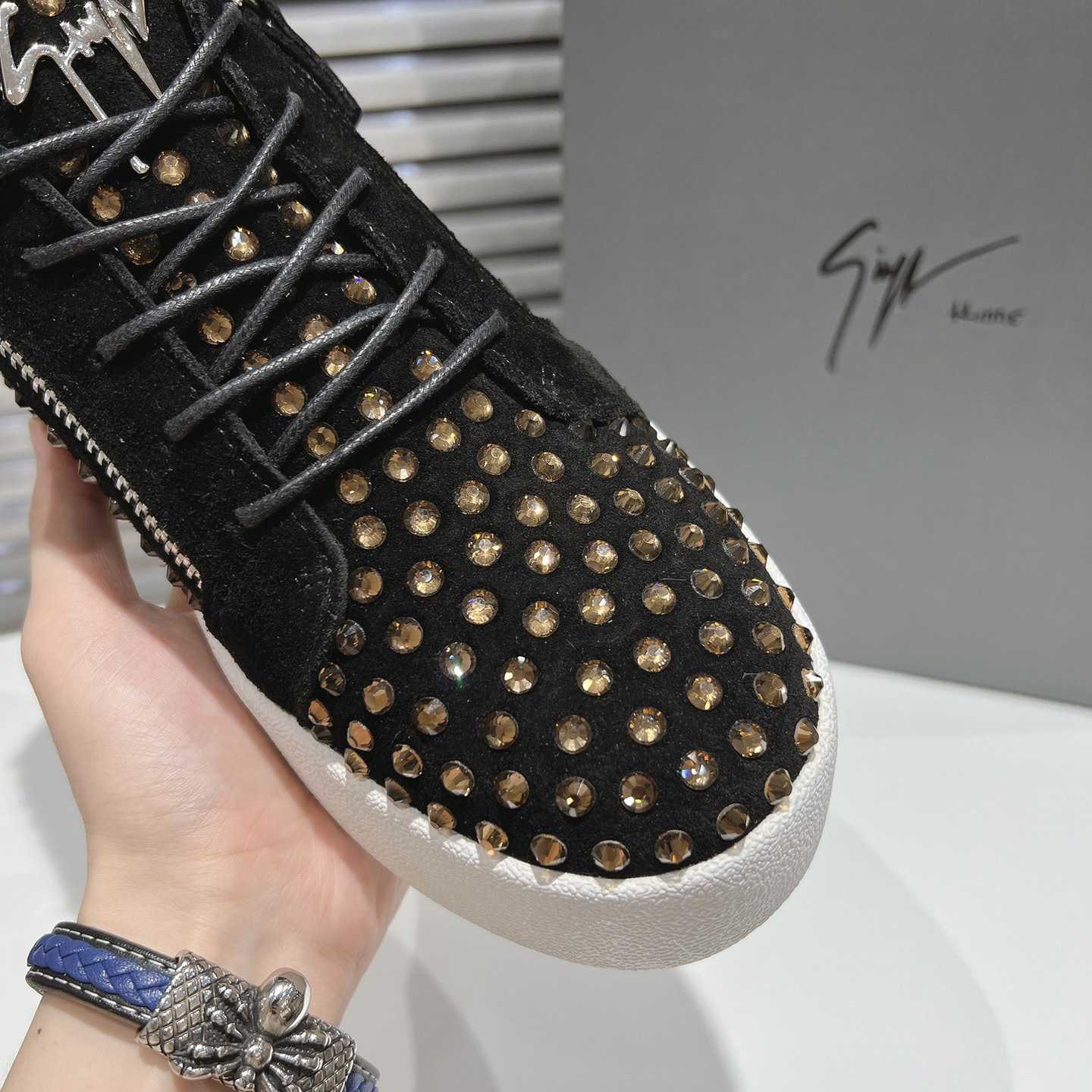 Giuseppe Zanotti Black Suede Crystal May London Sneakers - DesignerGu