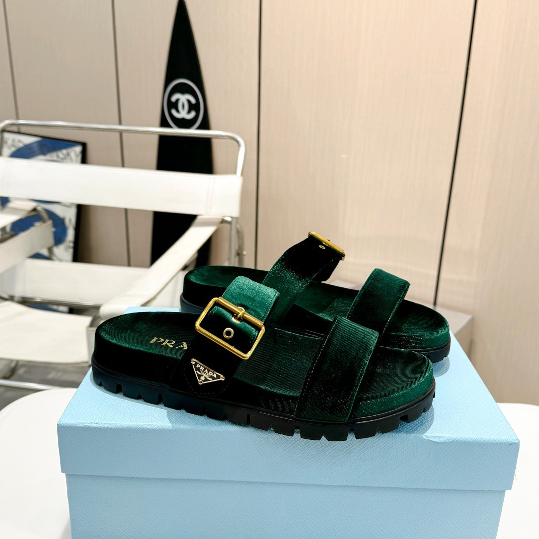 Prada Green Velvet Buckle Slides - DesignerGu