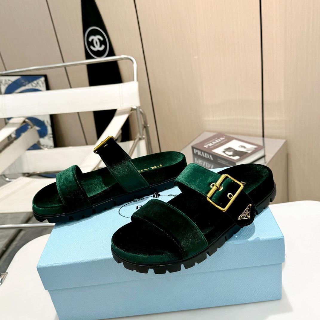 Prada Green Velvet Buckle Slides - DesignerGu