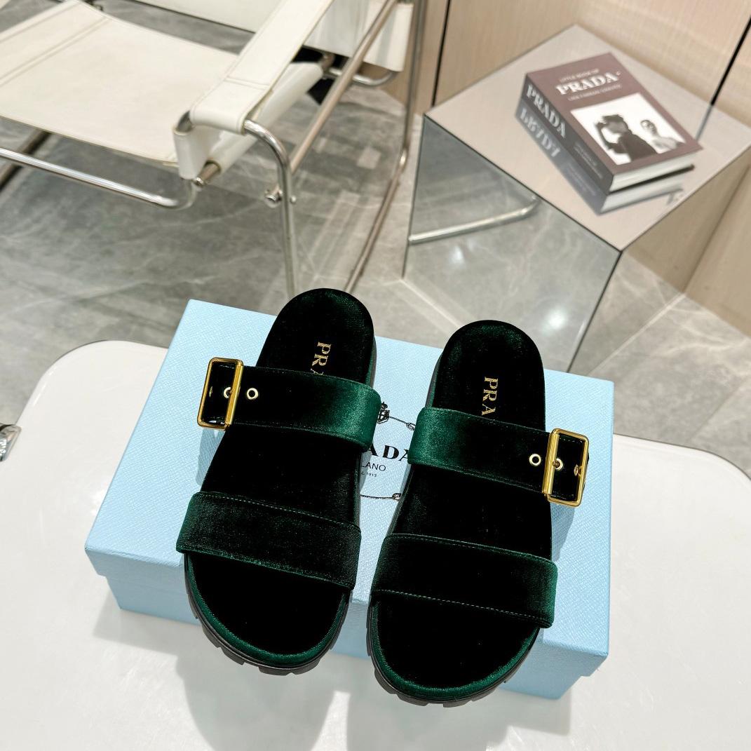 Prada Green Velvet Buckle Slides - DesignerGu