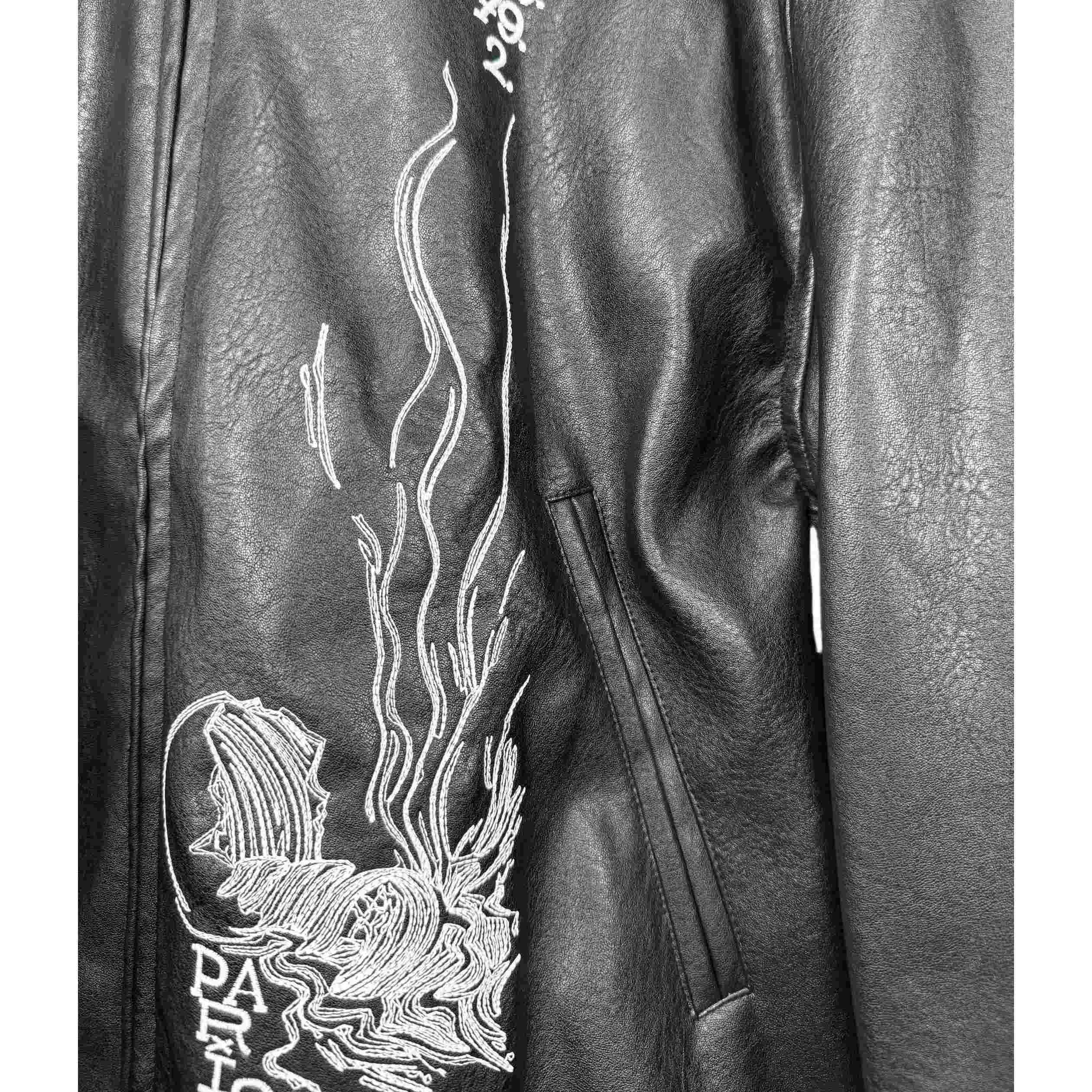 Enfants Riches Deprimes Black Mysterious Man Embroidered Leather Coat - DesignerGu