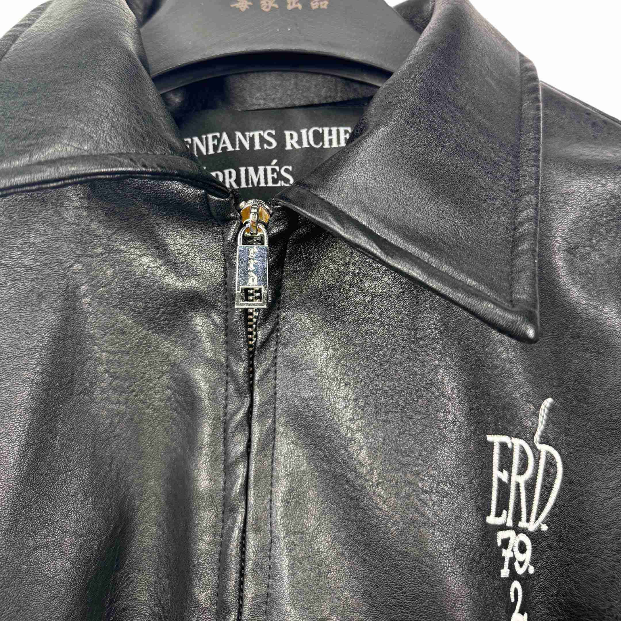 Enfants Riches Deprimes Black Mysterious Man Embroidered Leather Coat - DesignerGu