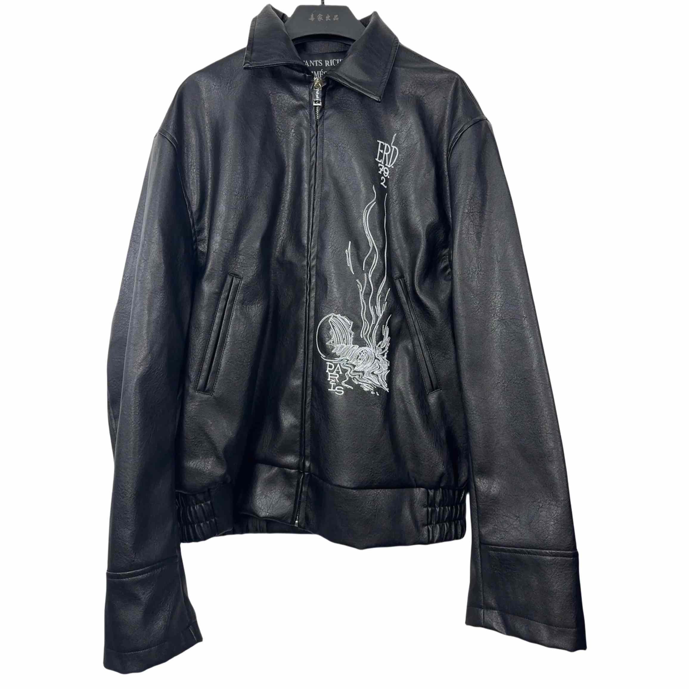 Enfants Riches Deprimes Black Mysterious Man Embroidered Leather Coat - DesignerGu