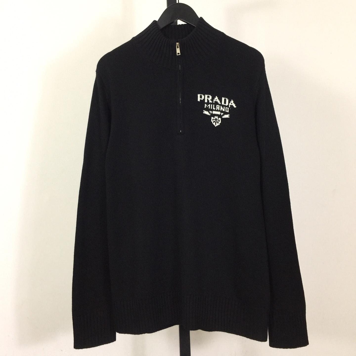 Prada Intarsia Knit Logo Zip-Up Cardigan - DesignerGu