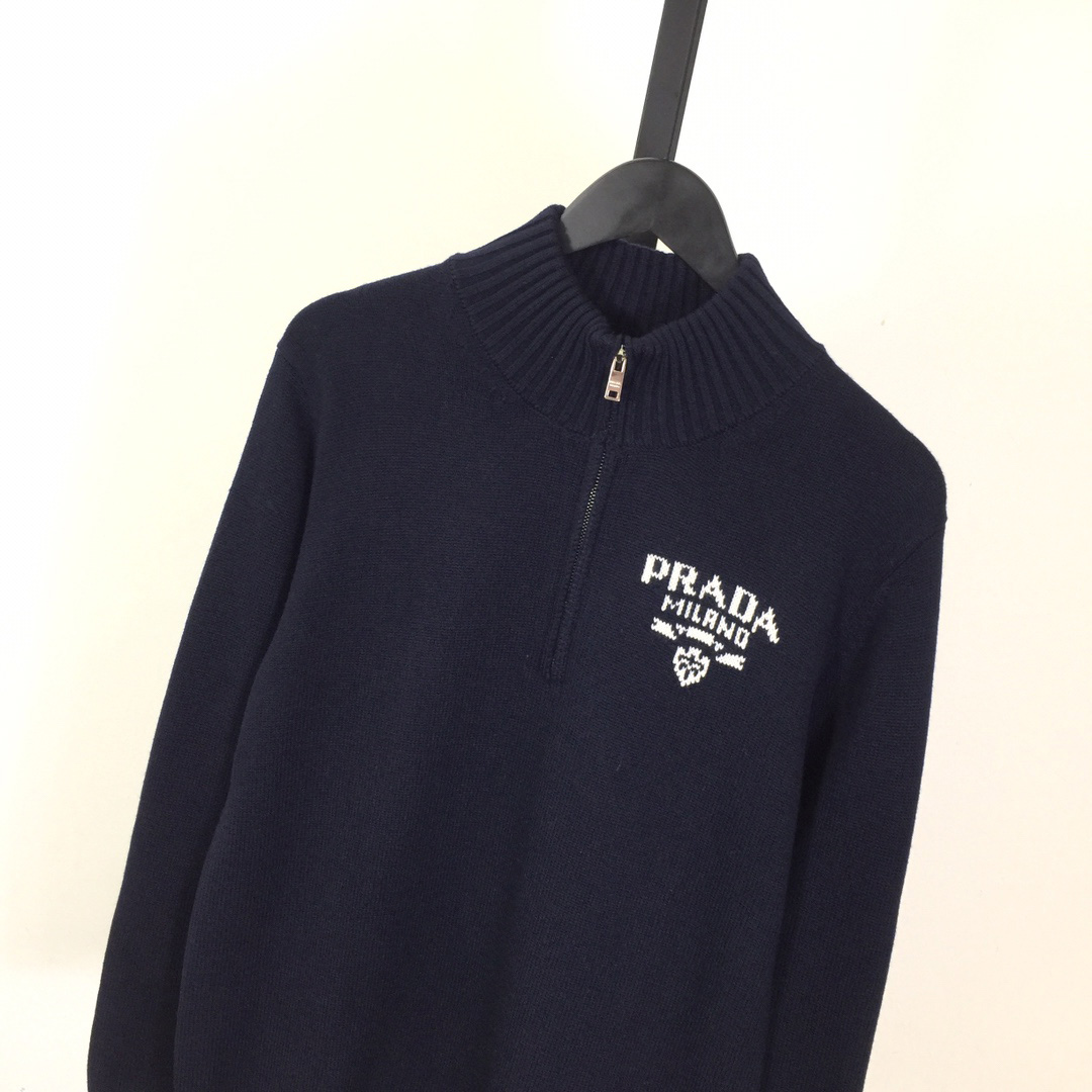 Prada Intarsia Knit Logo Zip-Up Cardigan - DesignerGu