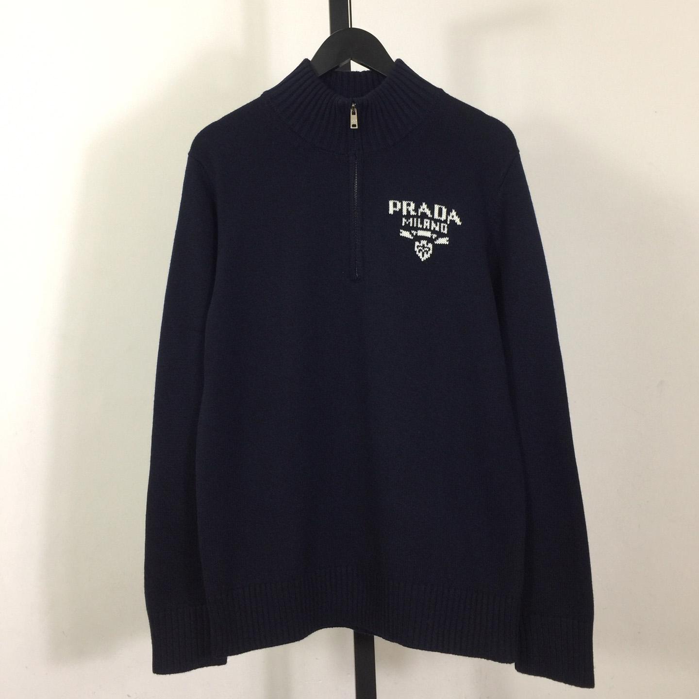 Prada Intarsia Knit Logo Zip-Up Cardigan - DesignerGu