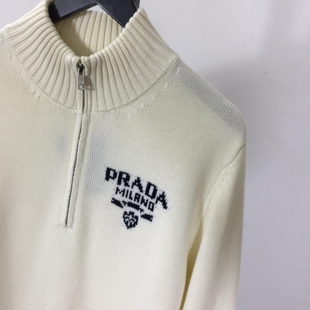 Prada Intarsia Knit Logo Zip-Up Cardigan - DesignerGu