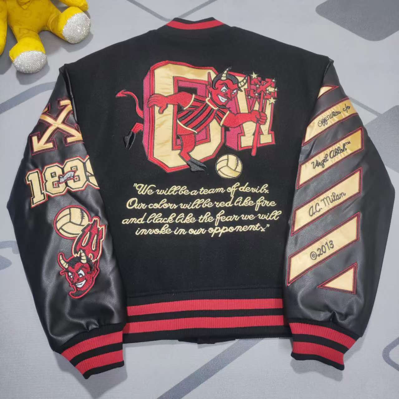 Off-White x Ac Milan 125th Anniversary Embroidered Varsity Jacket - DesignerGu