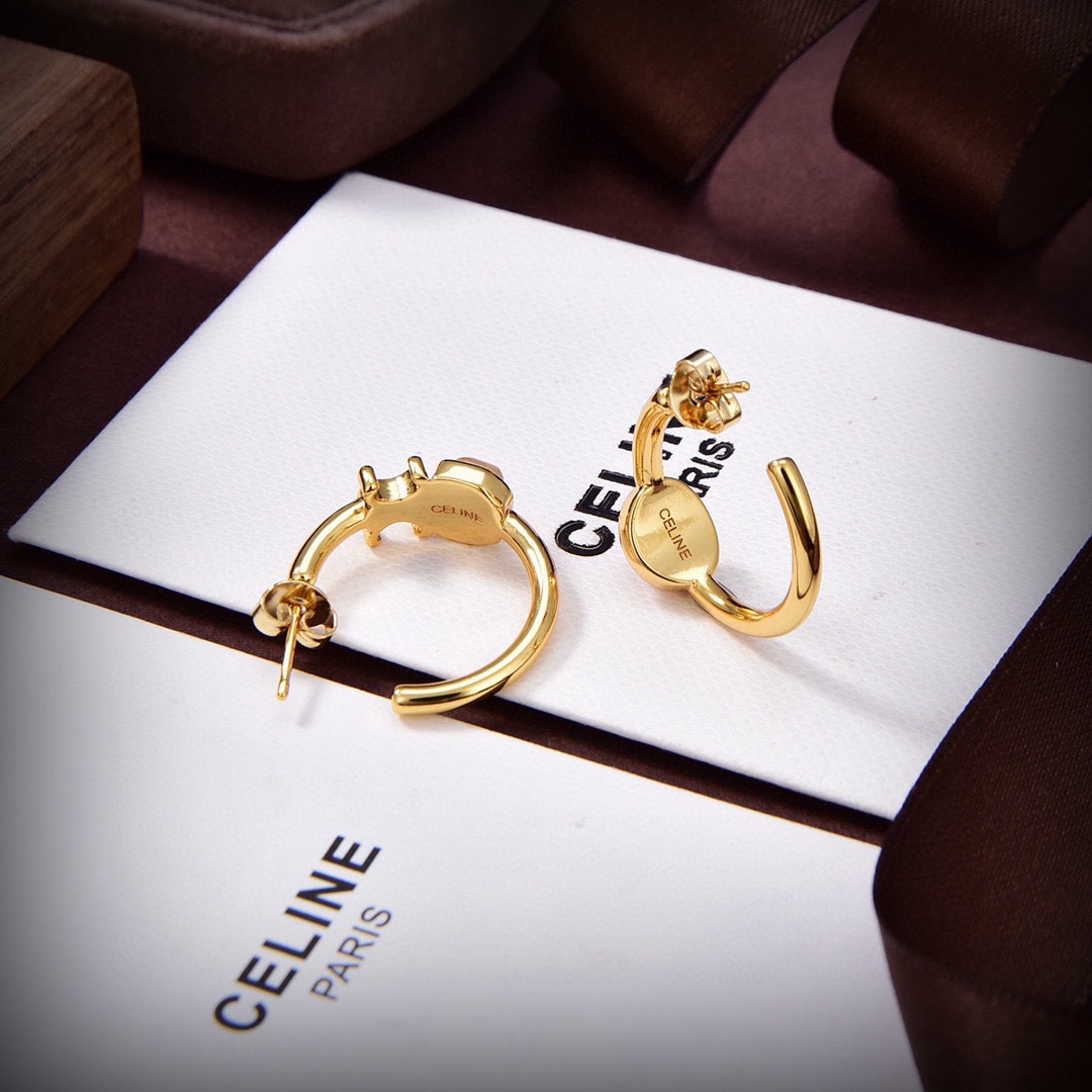 Celine Triomphe Indie Hoops In Brass With Gold Finish,Rutilated Quartz And Pink - DesignerGu